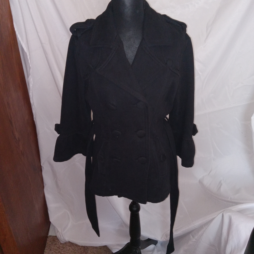 Wet Seal Black Pea Coat 3/4 Flounce Sleeves Womens Size Medium - Picture 10 of 13